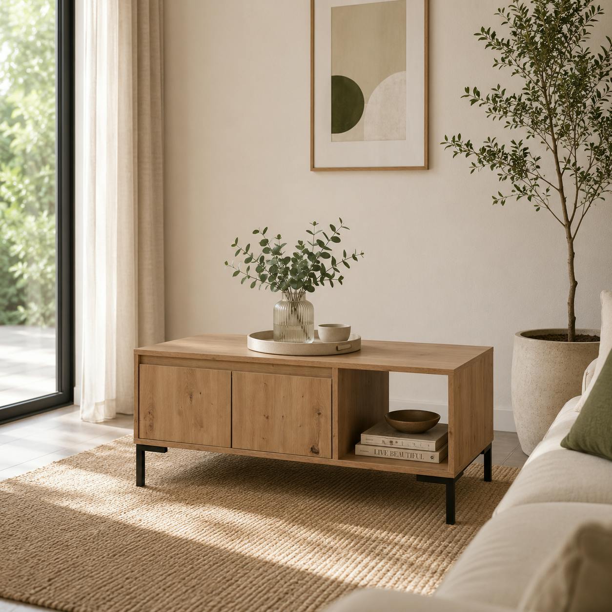 Table basse décor bois 2 portes 1 niche KARVI