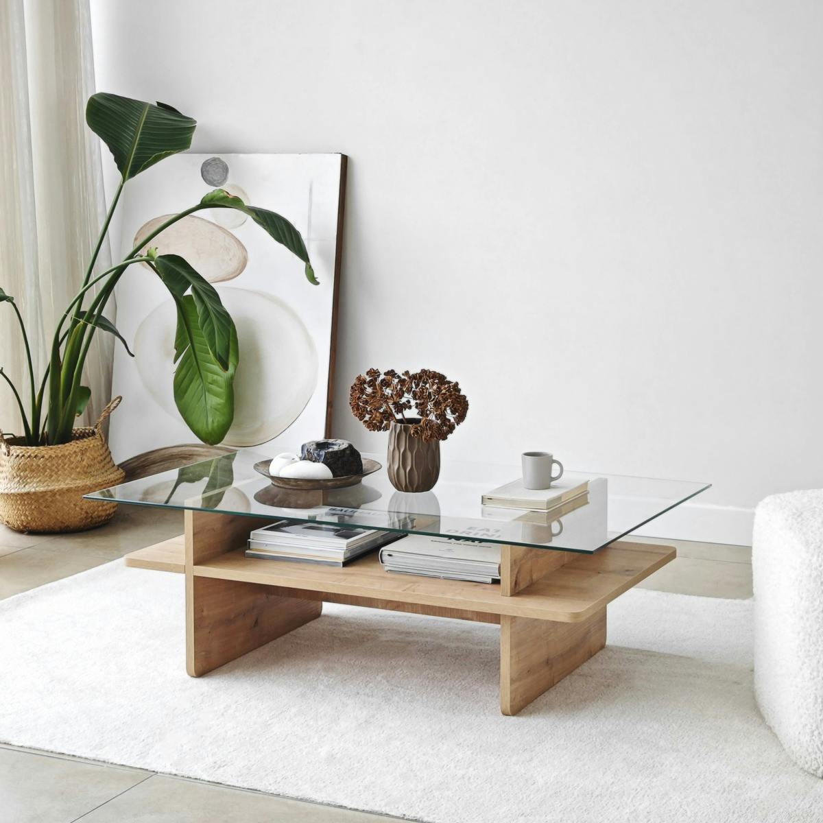 Table basse design 2 plateaux, verre et effet bois SALTA