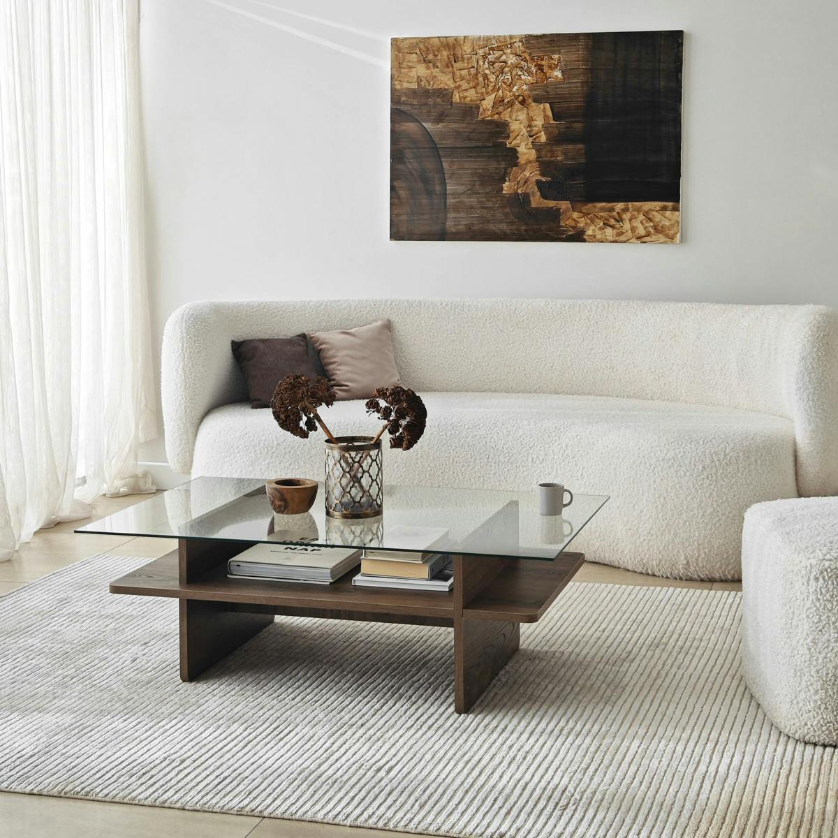 Table basse design 2 plateaux, verre et effet noyer SALTA