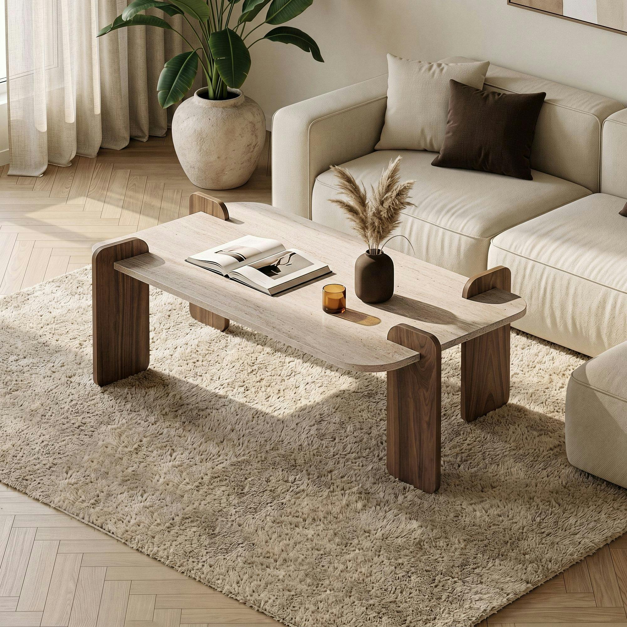 Table basse design bords ronds décor travertin et noyer MARFA