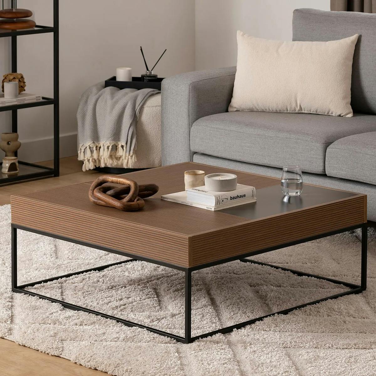 Table basse design carrée effet noyer & anthracite JENA