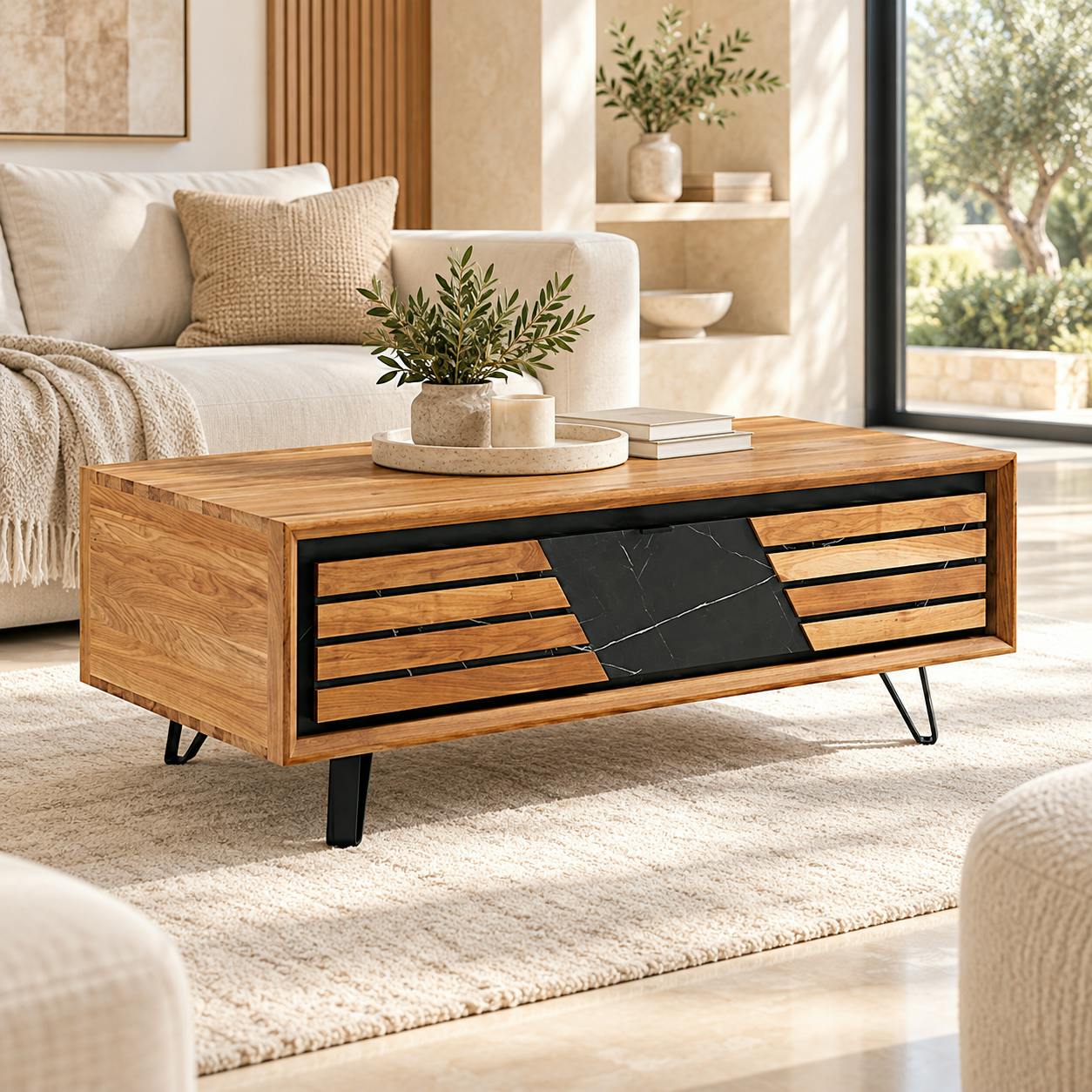 Table basse design en bois de chêne finition miel, 1 tiroir ESSEN