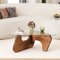 Table basse design en verre et bois brun - forme triangle ANZIO