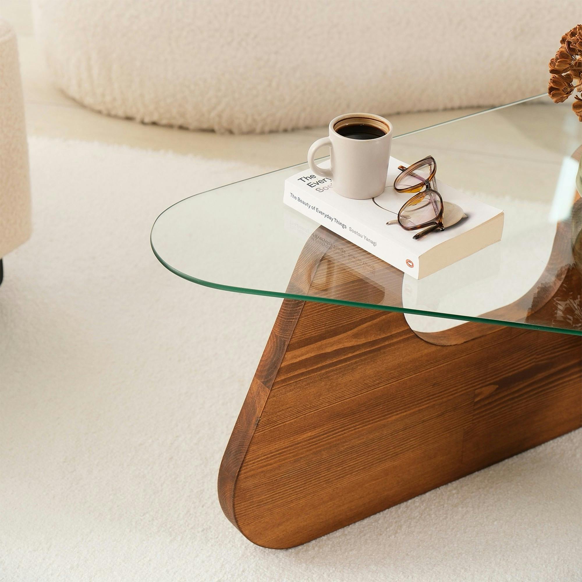 Table basse design en verre et bois brun - forme triangle ANZIO