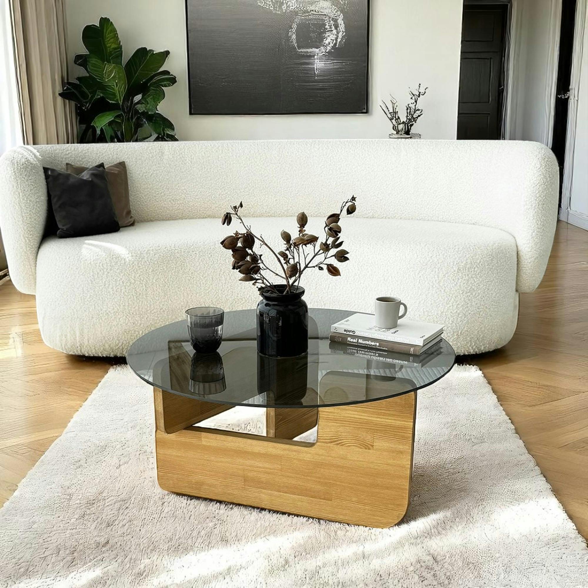 Table basse design en verre fumé – pied bois clair ANZIO