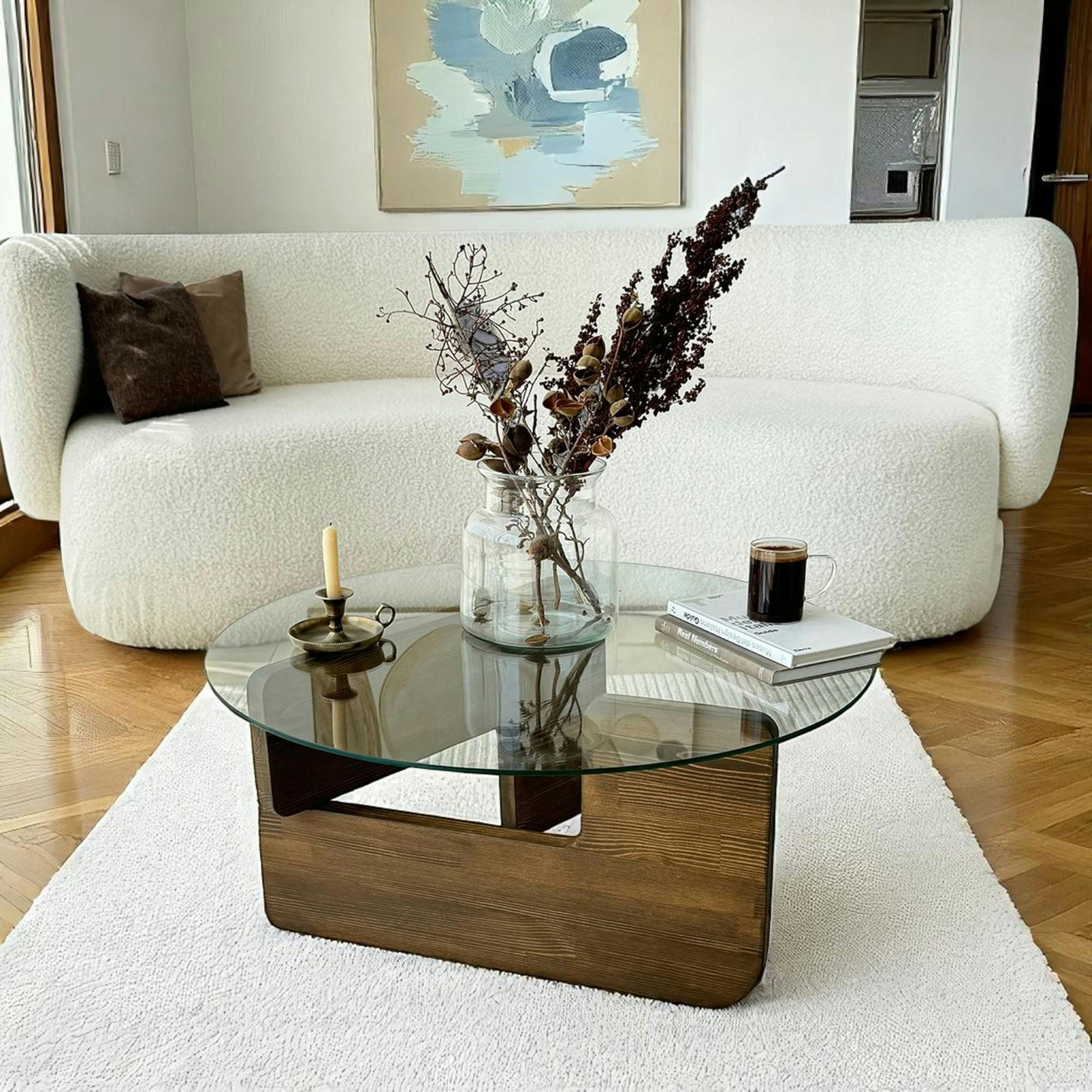 Table basse design en verre - pied bois brun ANZIO