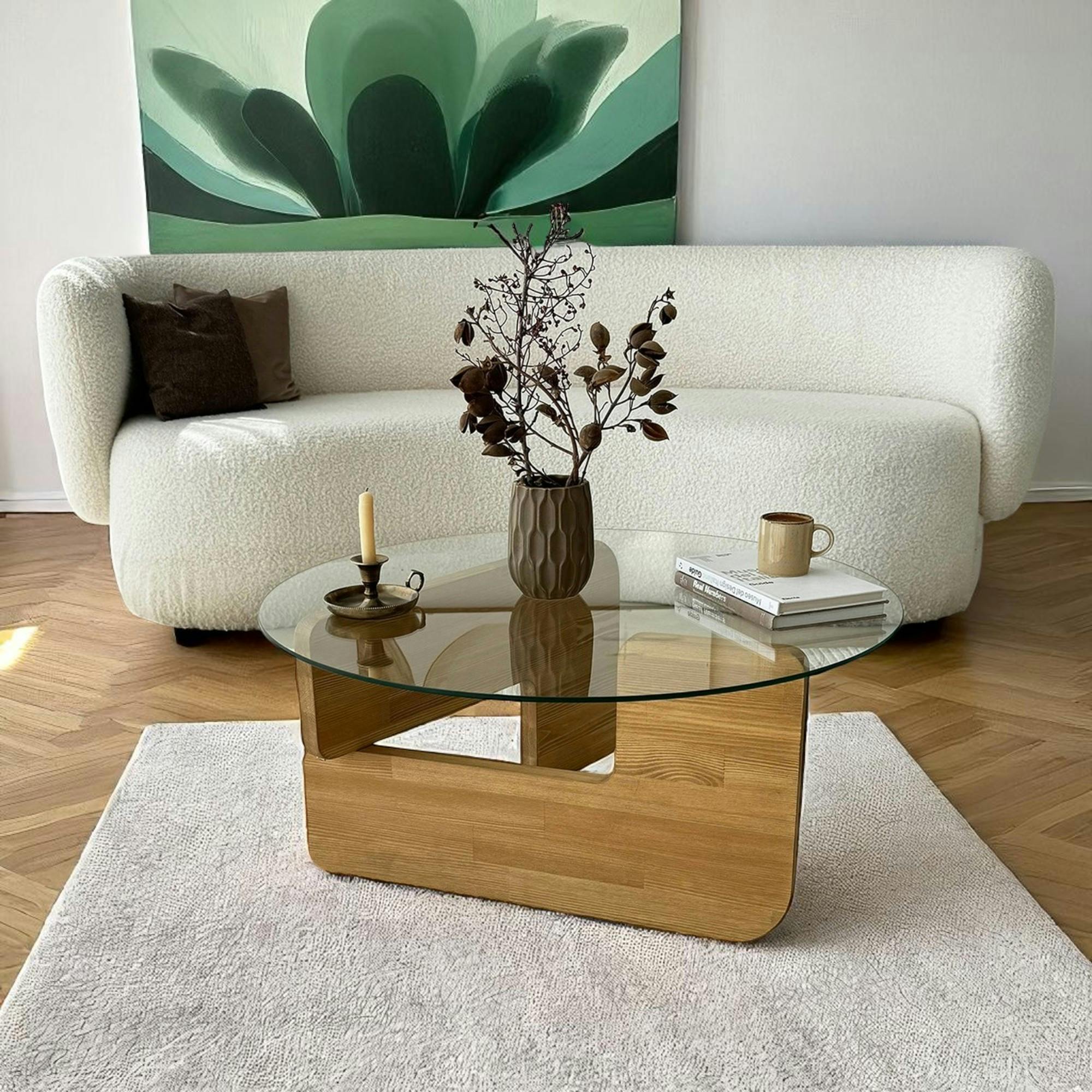 Table basse design en verre - pied bois clair ANZIO