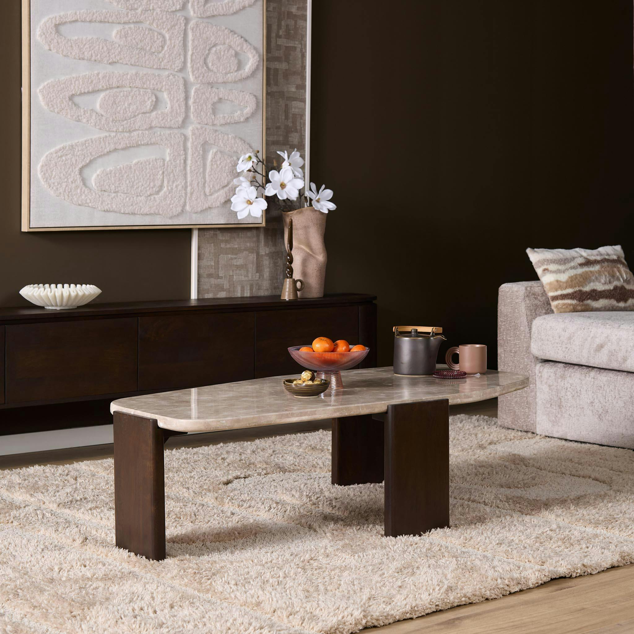 Table basse design marbre et bois brun DUOMO