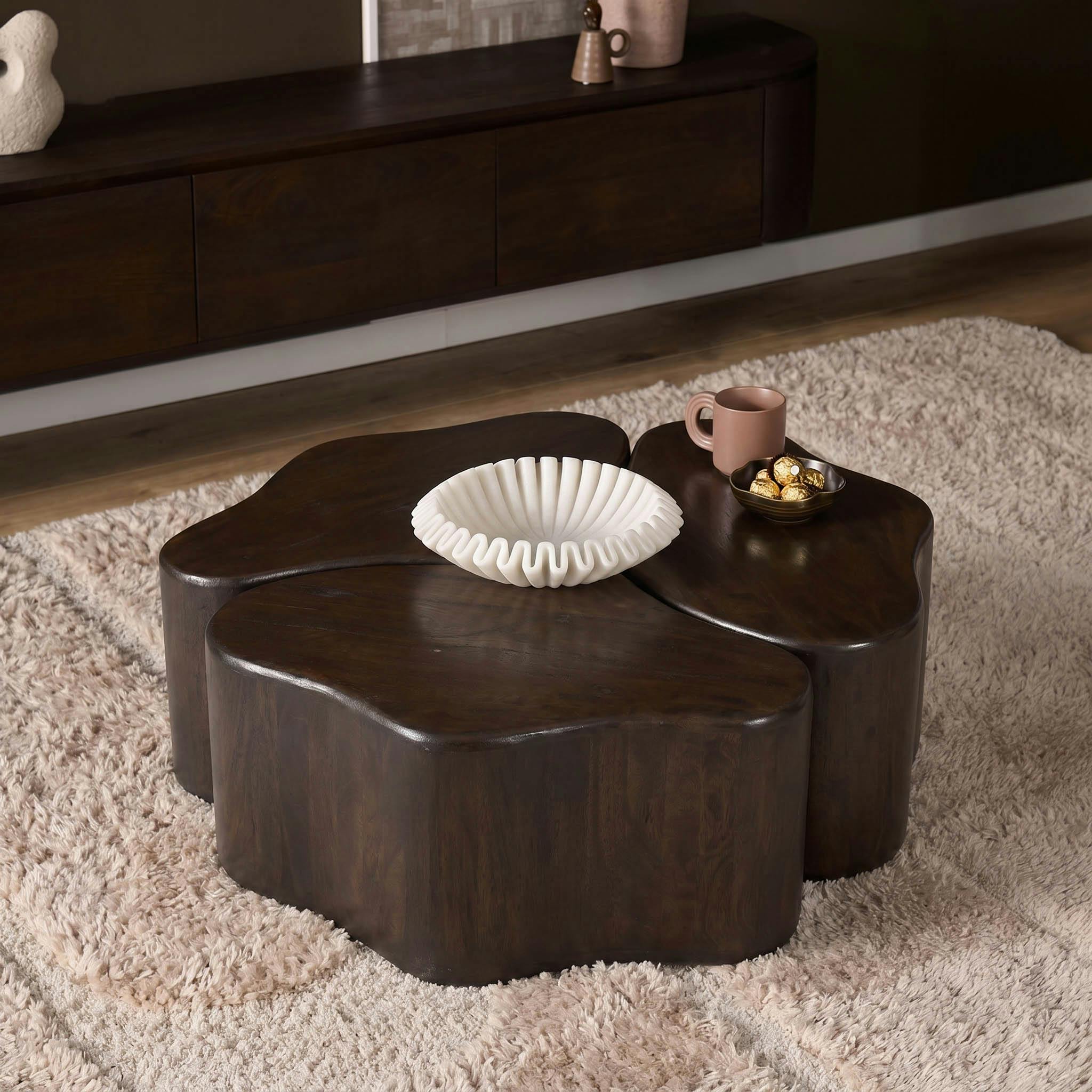 Table basse design organique bois brun 3 blocs ALMA