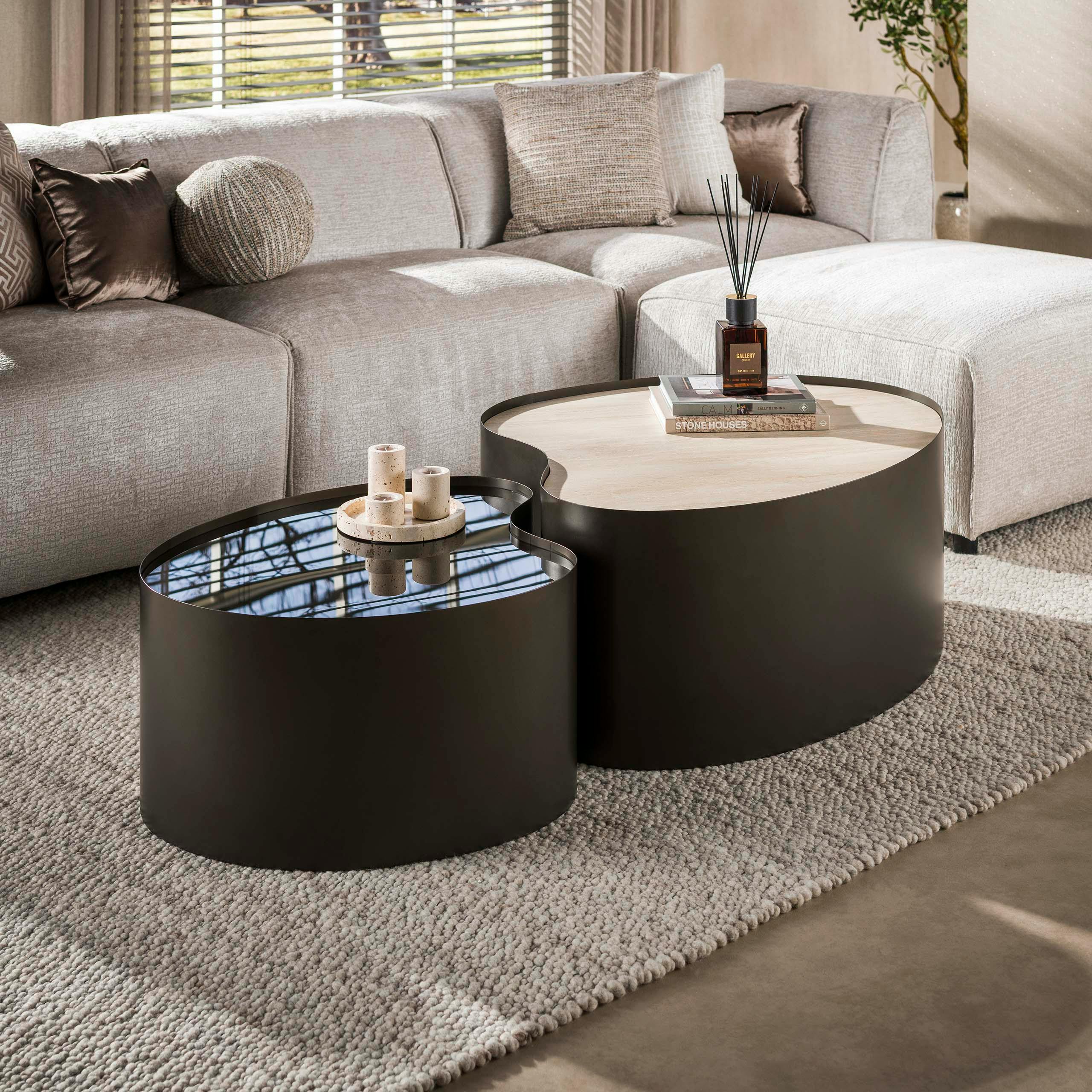 Table basse design organique céramique verre fumé (lot de 2) MAHAL