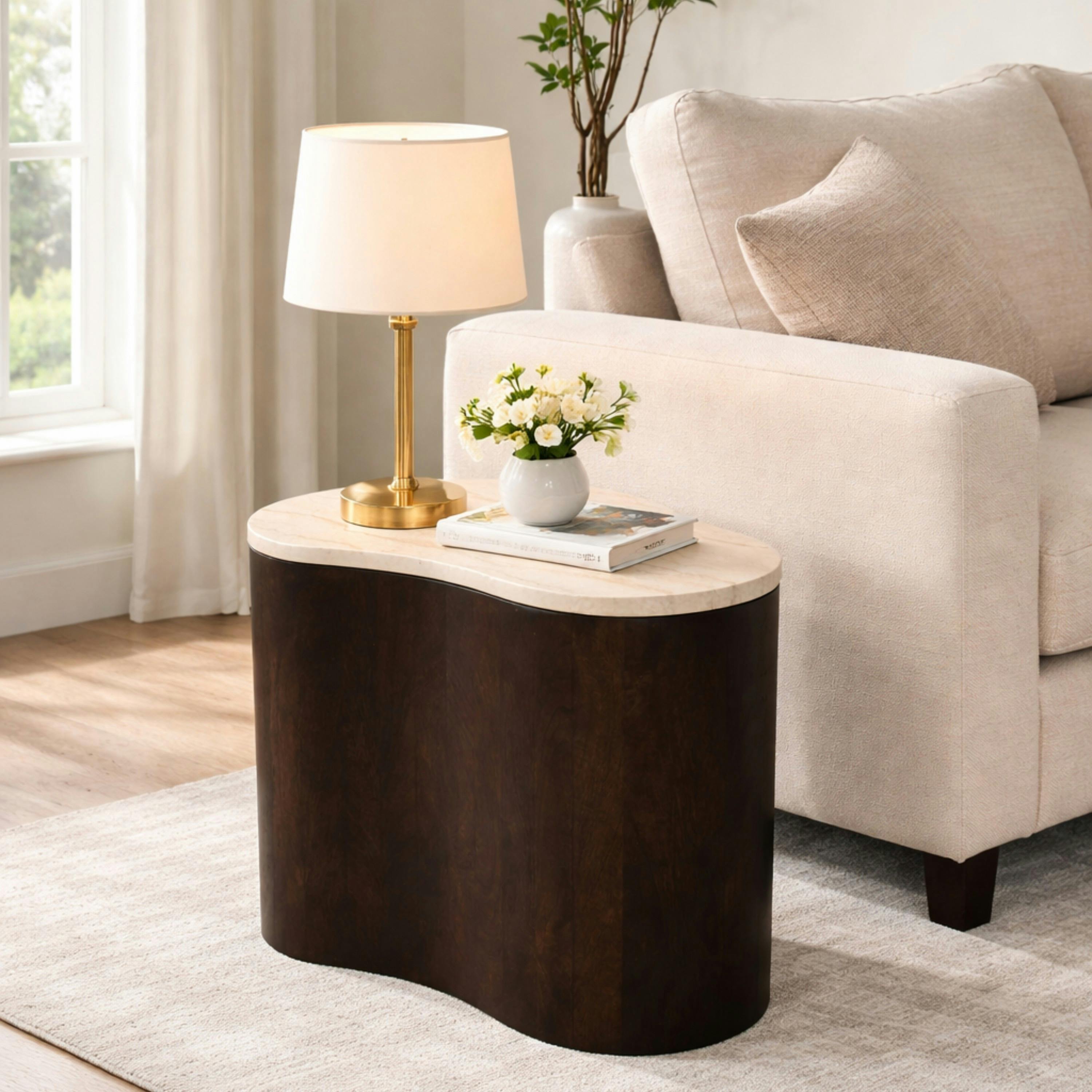 Table basse design organique marbre bois foncé 50 cm DUOMO