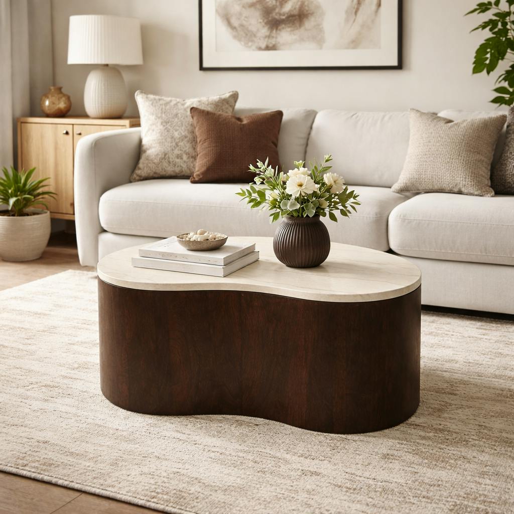 Table basse design organique marbre bois foncé 77 cm DUOMO