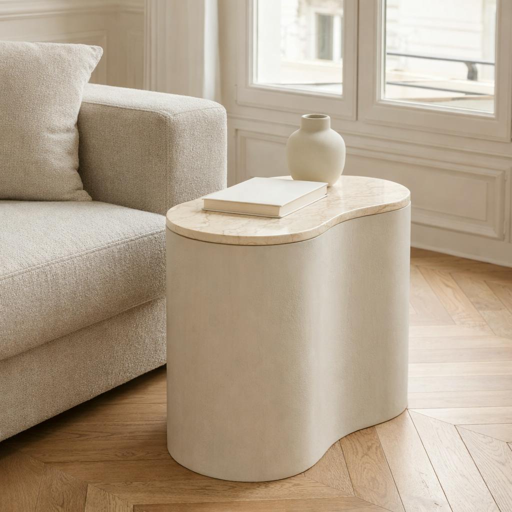 Table basse design organique marbre bois sable 50 cm DUOMO
