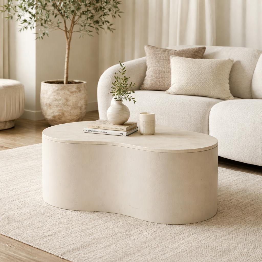 Table basse design organique marbre bois sable 77 cm DUOMO