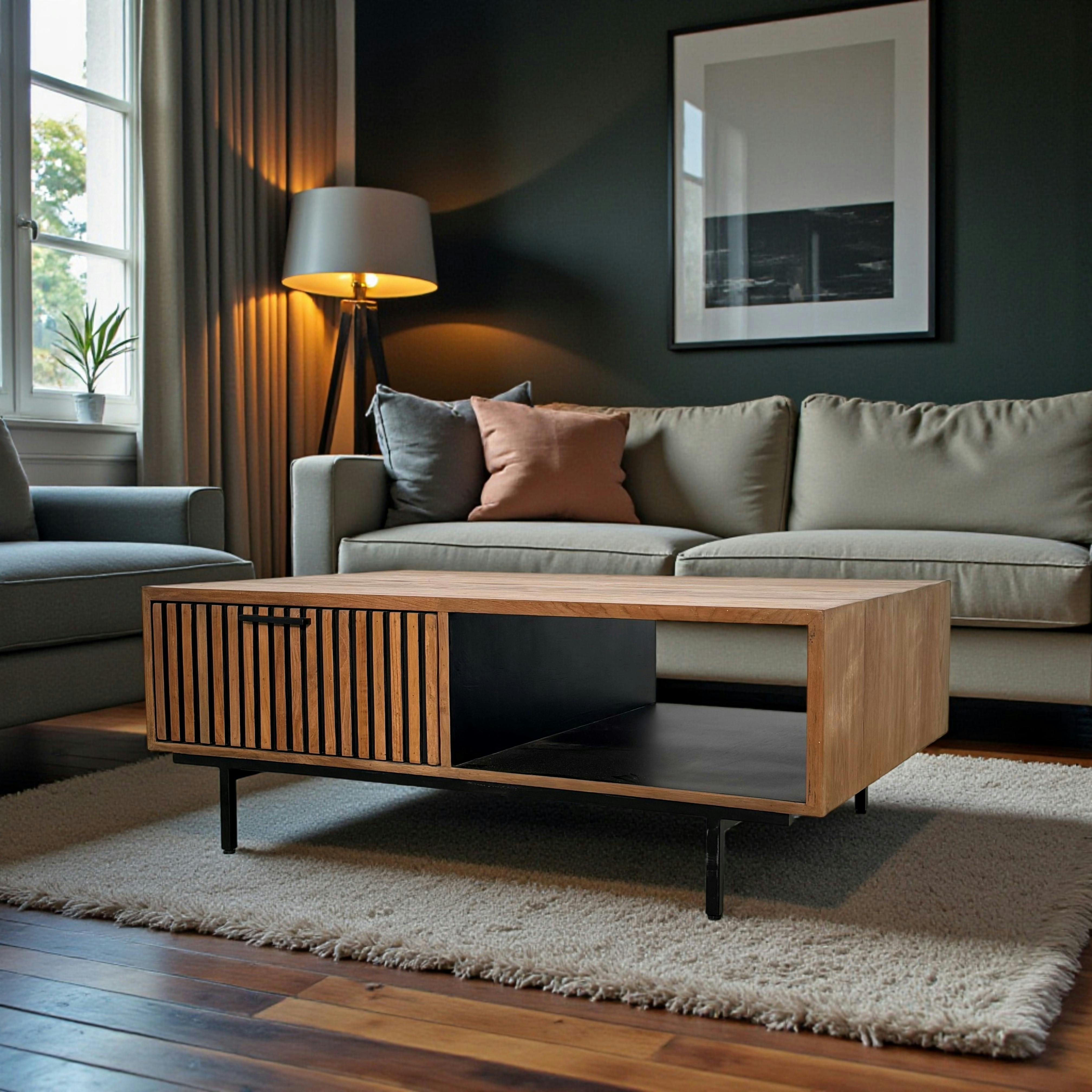 Table basse design teck recyclé 2 tiroirs FANO