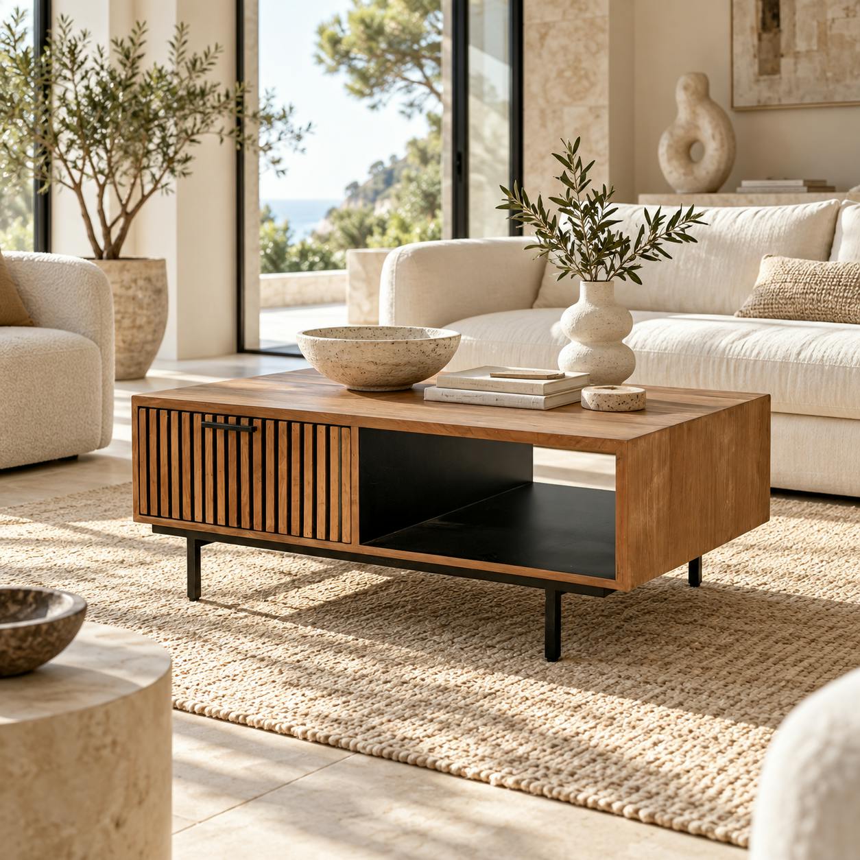 Table basse design teck recyclé 2 tiroirs FANO