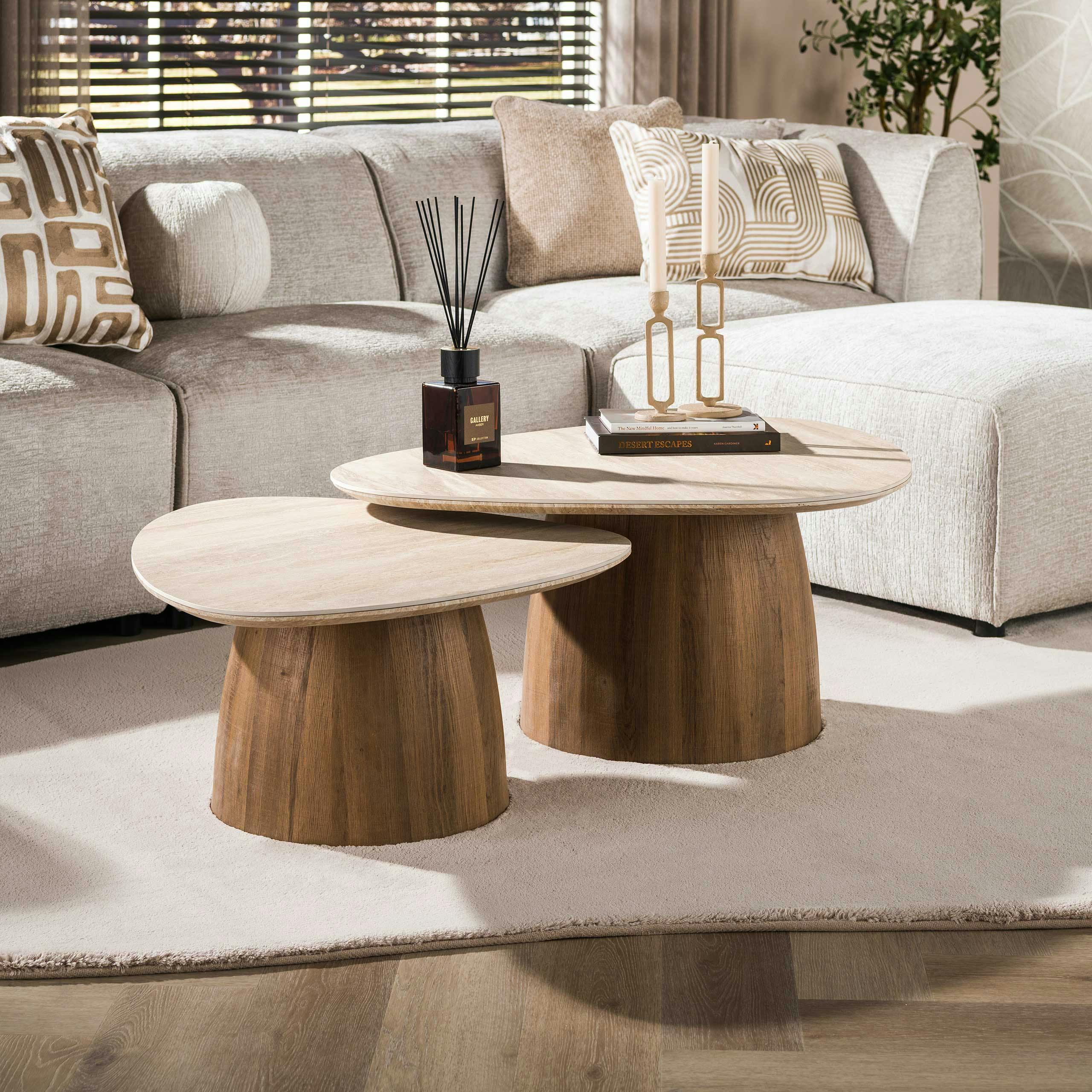 Table basse design triangle effet travertin (lot de 2) ASCOLI