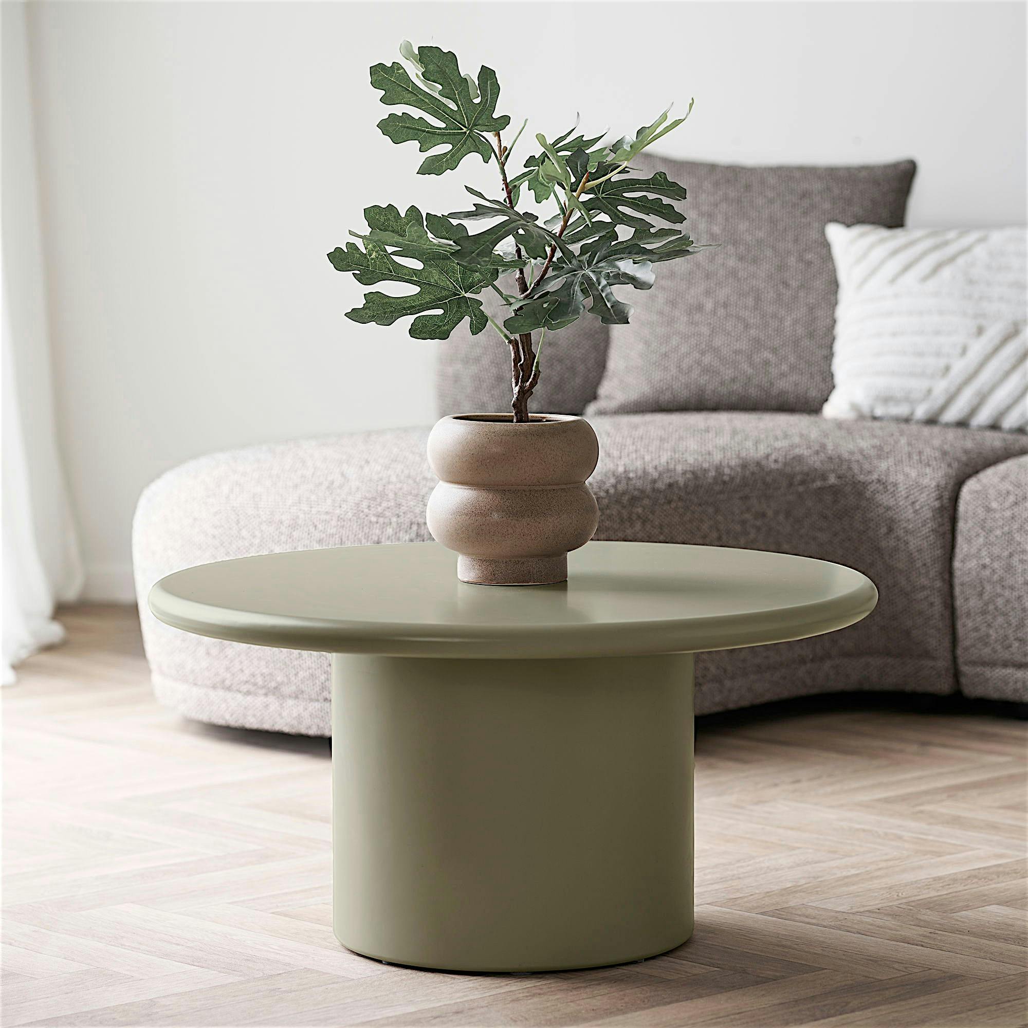 Table basse design vert olive pied colonne TULUM