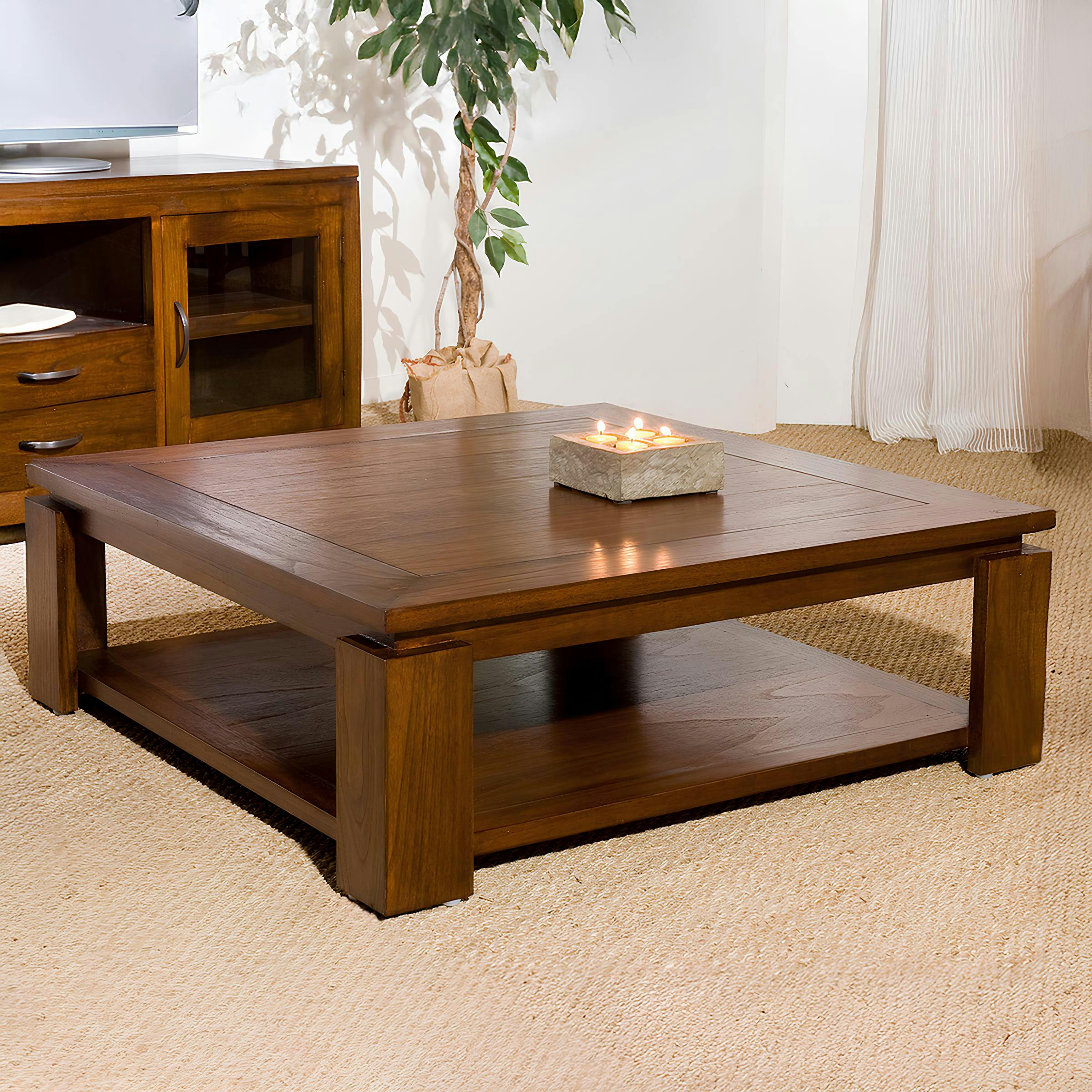 Table basse carree en bois massif double plateau style exotique