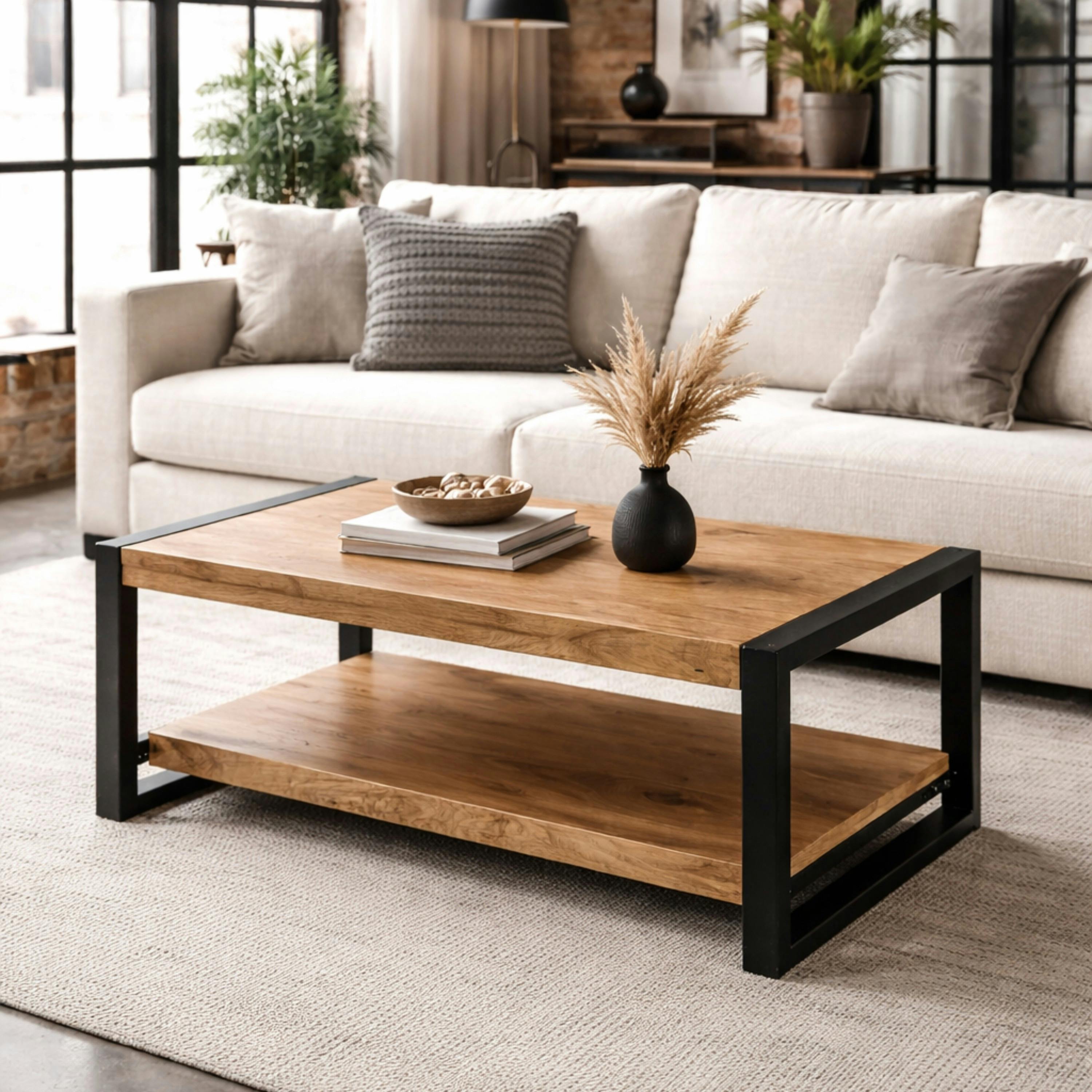 Table basse double plateau bois clair métal noir MILORA