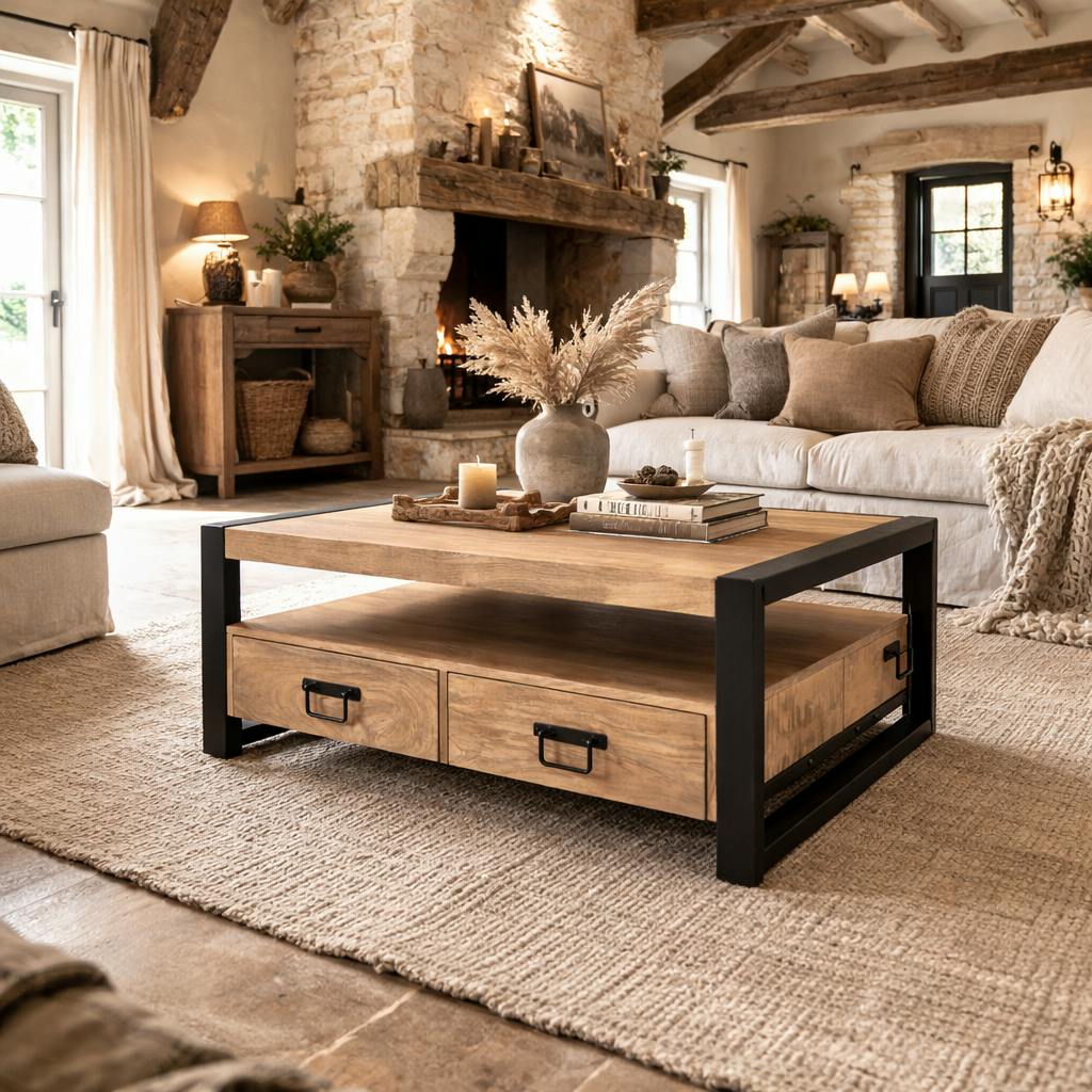 Table basse double plateau bois métal 4 tiroirs MILORA