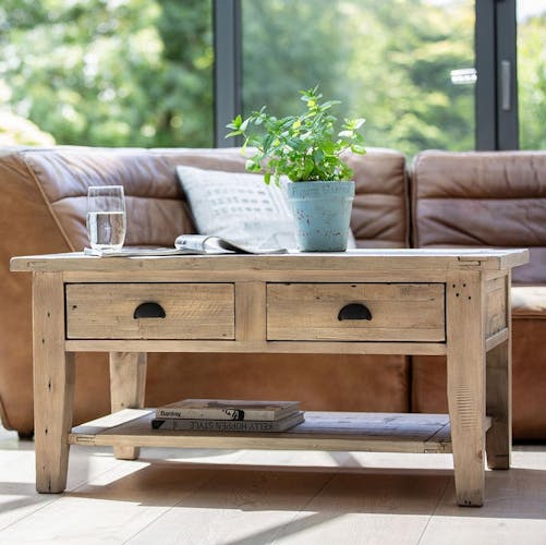 Table basse rectangulaire en bois recycle FSC de style campagne