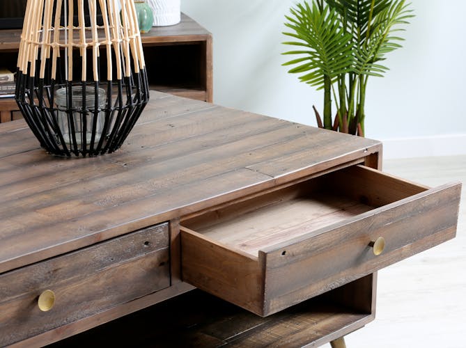Table basse rectangulaire en bois recycle FSC de style vintage