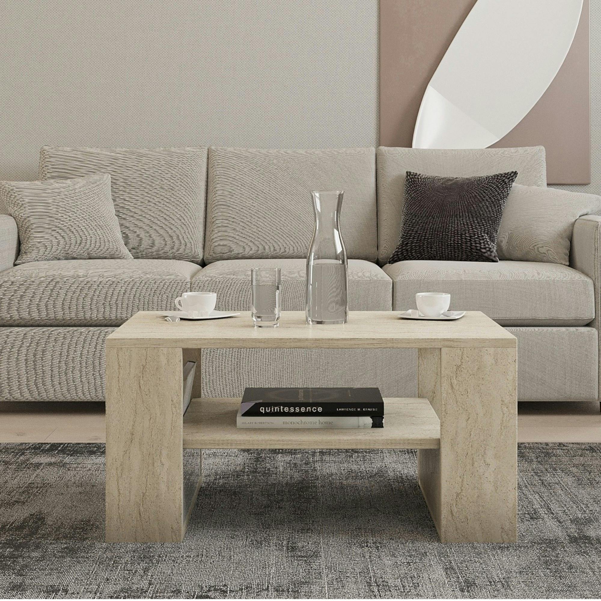 Table basse double plateau effet travertin, porte-revues JENA