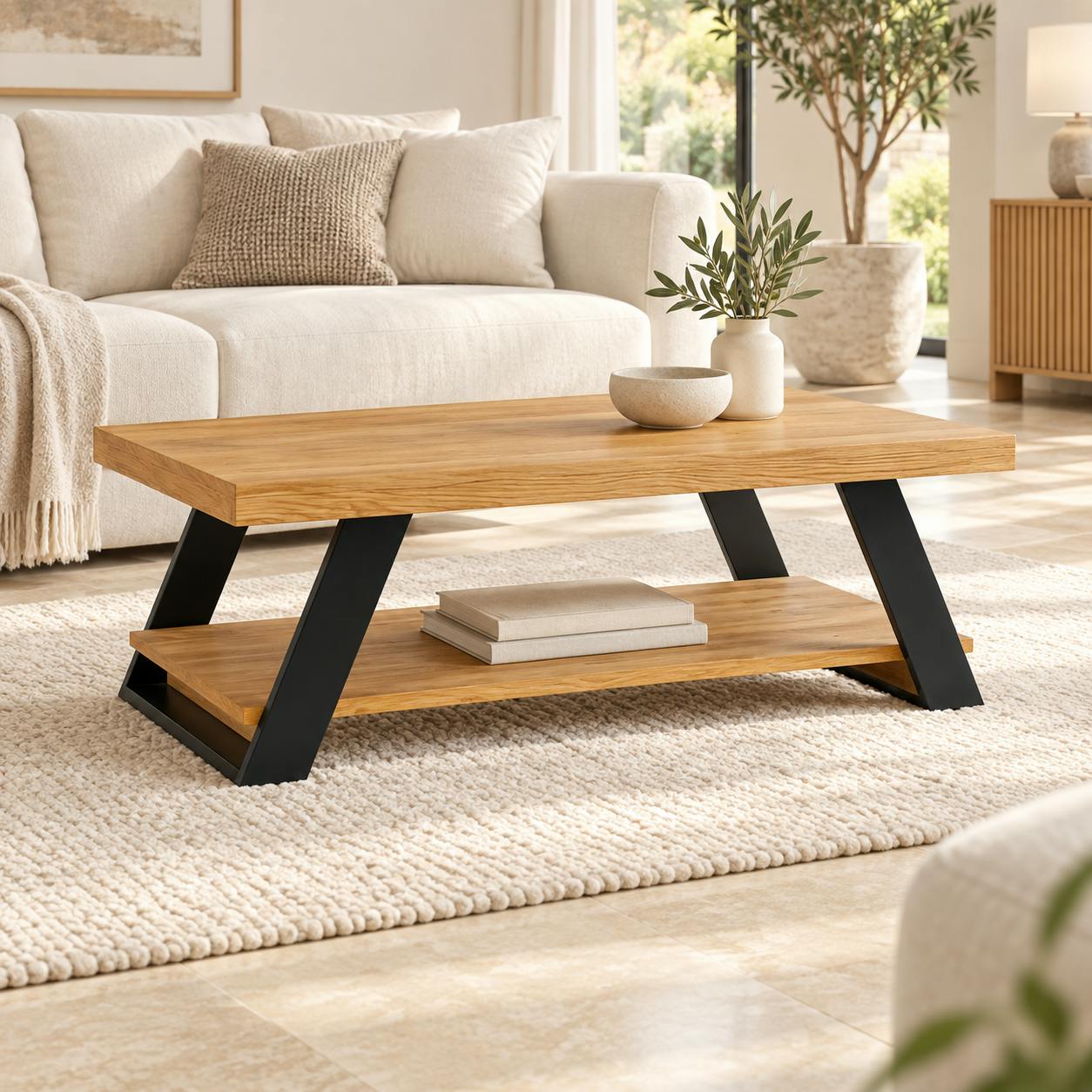 Table basse double plateau en bois de pin massif brossé GREENWICH
