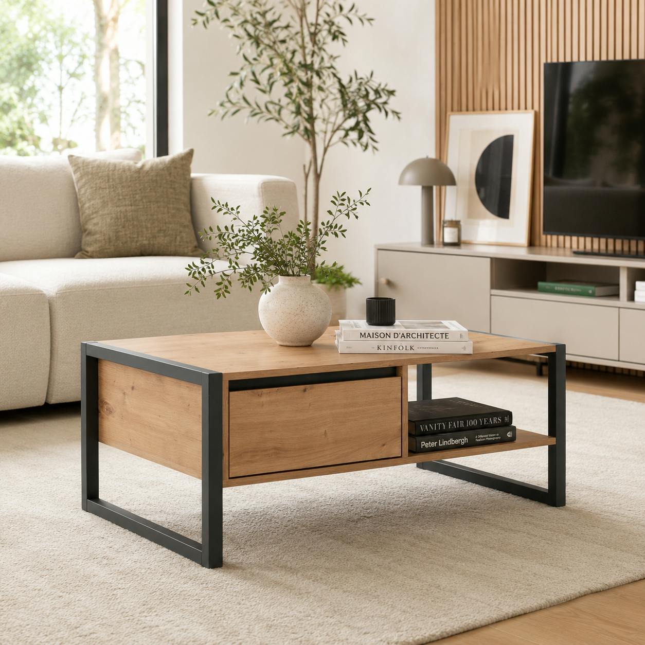 Table basse effet chêne 1 tiroir 1 niche ALVA