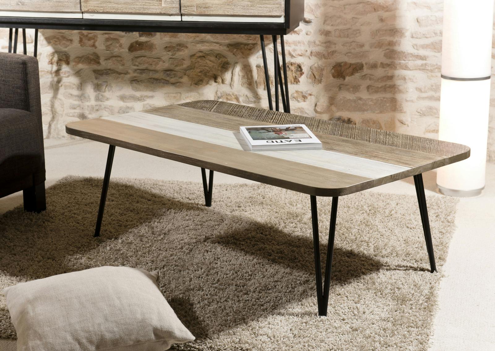 Table basse en Acacia massif bandes teintes variées et pieds métal noir 120x70x41,5cm CADIX