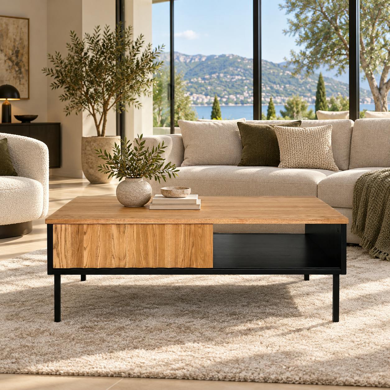 Table basse en bois bicolore avec façade ondulée TARAN