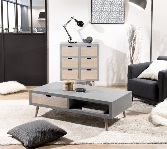 Table basse en bois couleur gris béton, 2 tiroirs couleur naturelle, 1 niche  120x60x39cm LORENS