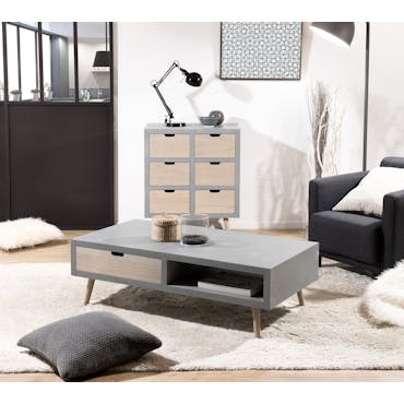  Table basse en bois couleur gris béton, 2 tiroirs couleur naturelle, 1 niche  120x60x39cm LORENS