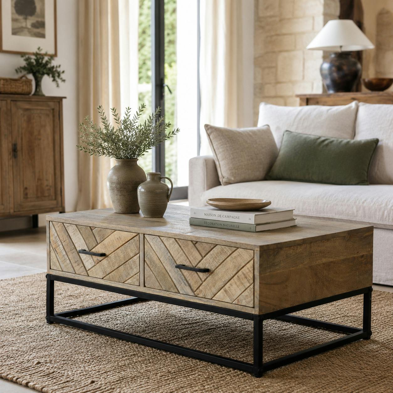 Table basse en bois de manguier 2 tiroirs BRIX