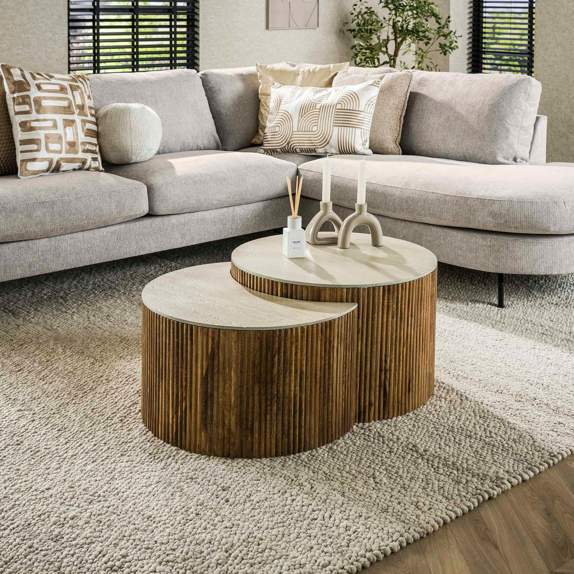 Table basse en bois de manguier et céramique, forme lune (lot de 2) ASCOLI