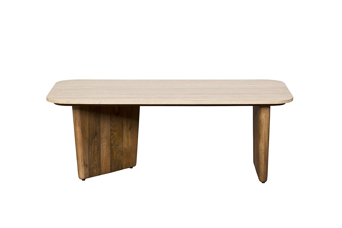 Table basse en bois de manguier et travertin MOON