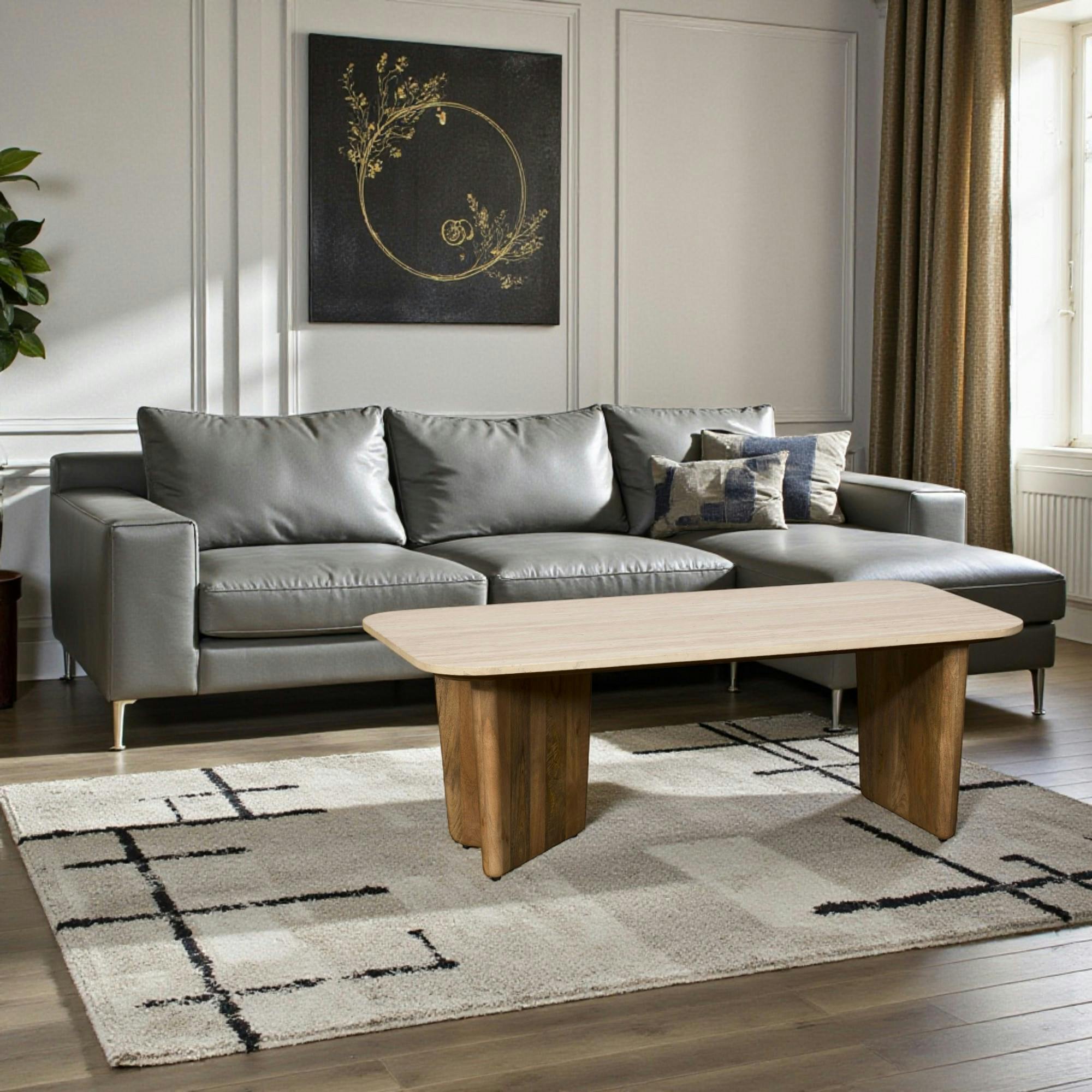 Table basse en bois de manguier et travertin MOON