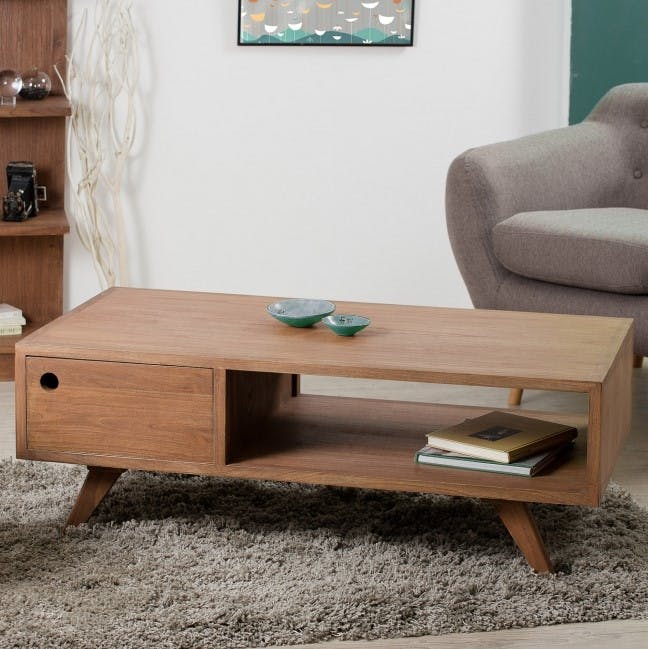 Table basse en bois exotique couleur cannelle 2 tiroirs 110x60x40cm FANNY