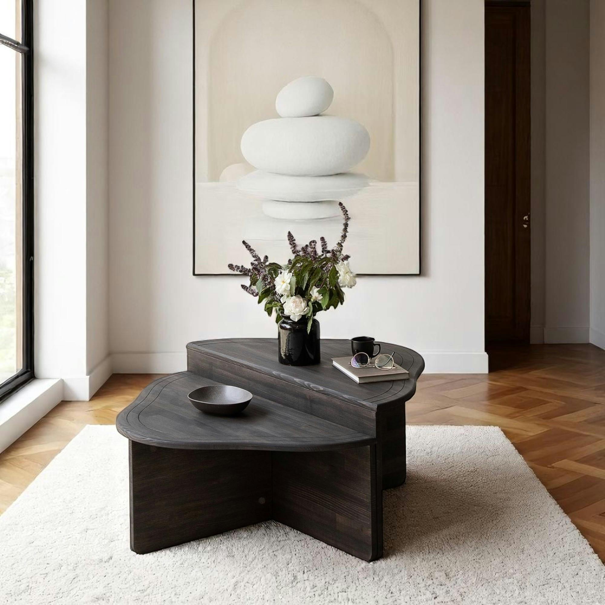 Table basse en bois gris foncé - organique, 2 hauteurs LINARES