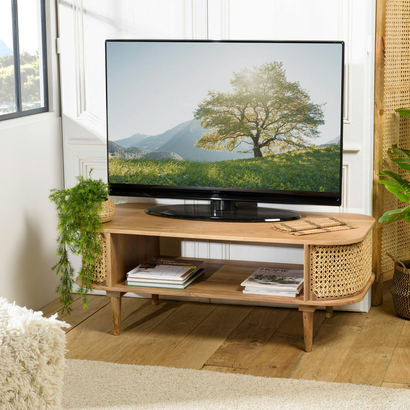 Table basse en cannage et bois exotique MALAGA