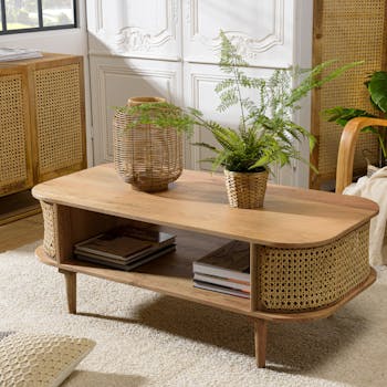 Table basse en cannage et bois exotique MALAGA