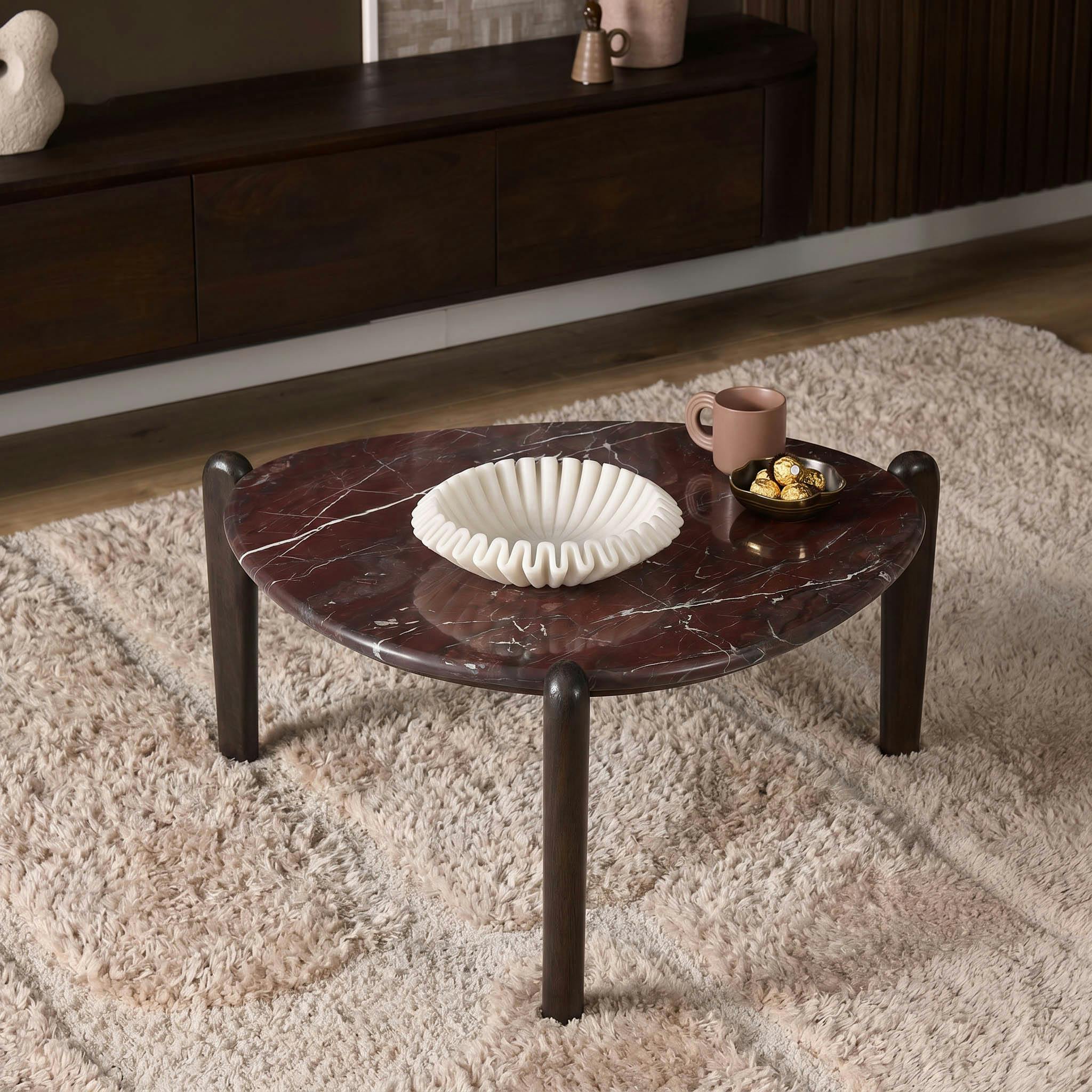 Table basse en marbre bordeaux et bois 82 cm DUOMO
