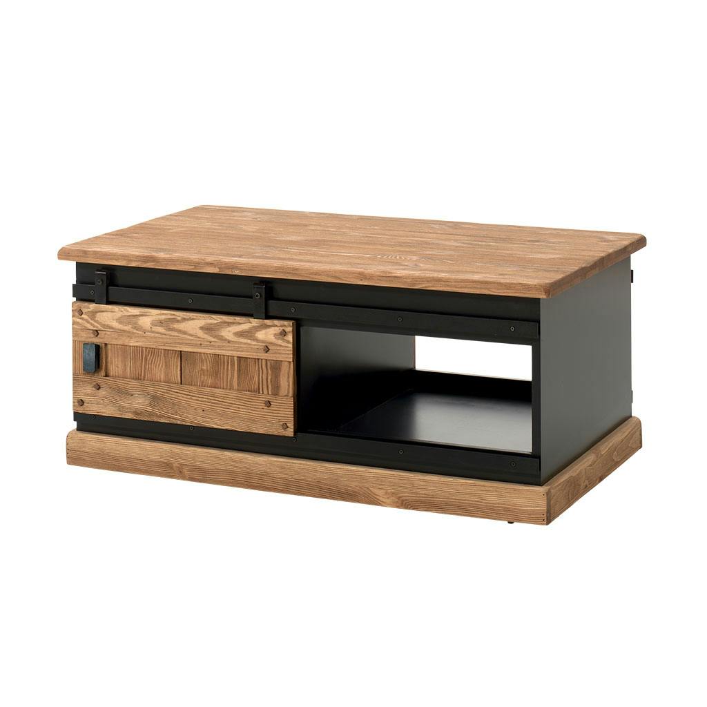Table basse en pin massif brossé et laqué noir, 2 portes coulissantes 110x70x47cm SHERBROOKE