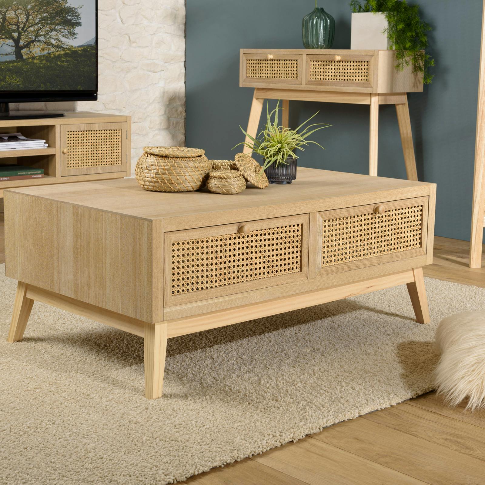 Table basse en rotin et bois 4 tiroirs MERIDA
