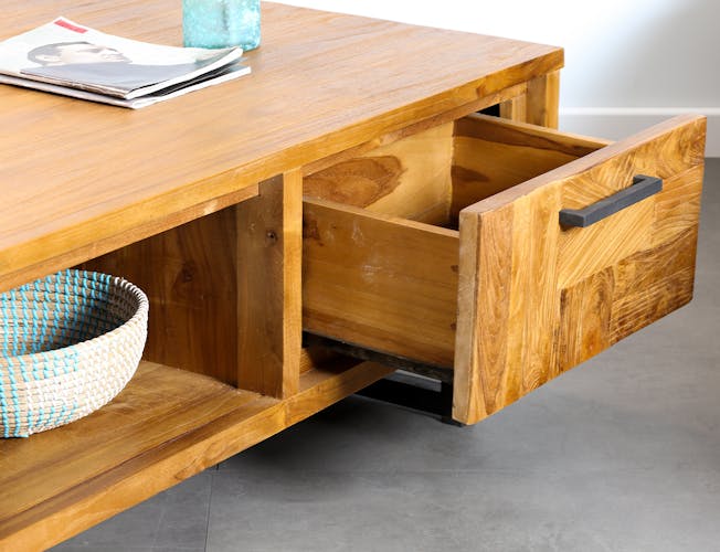 Table basse en bois pieds metal deux tiroirs style contemporain