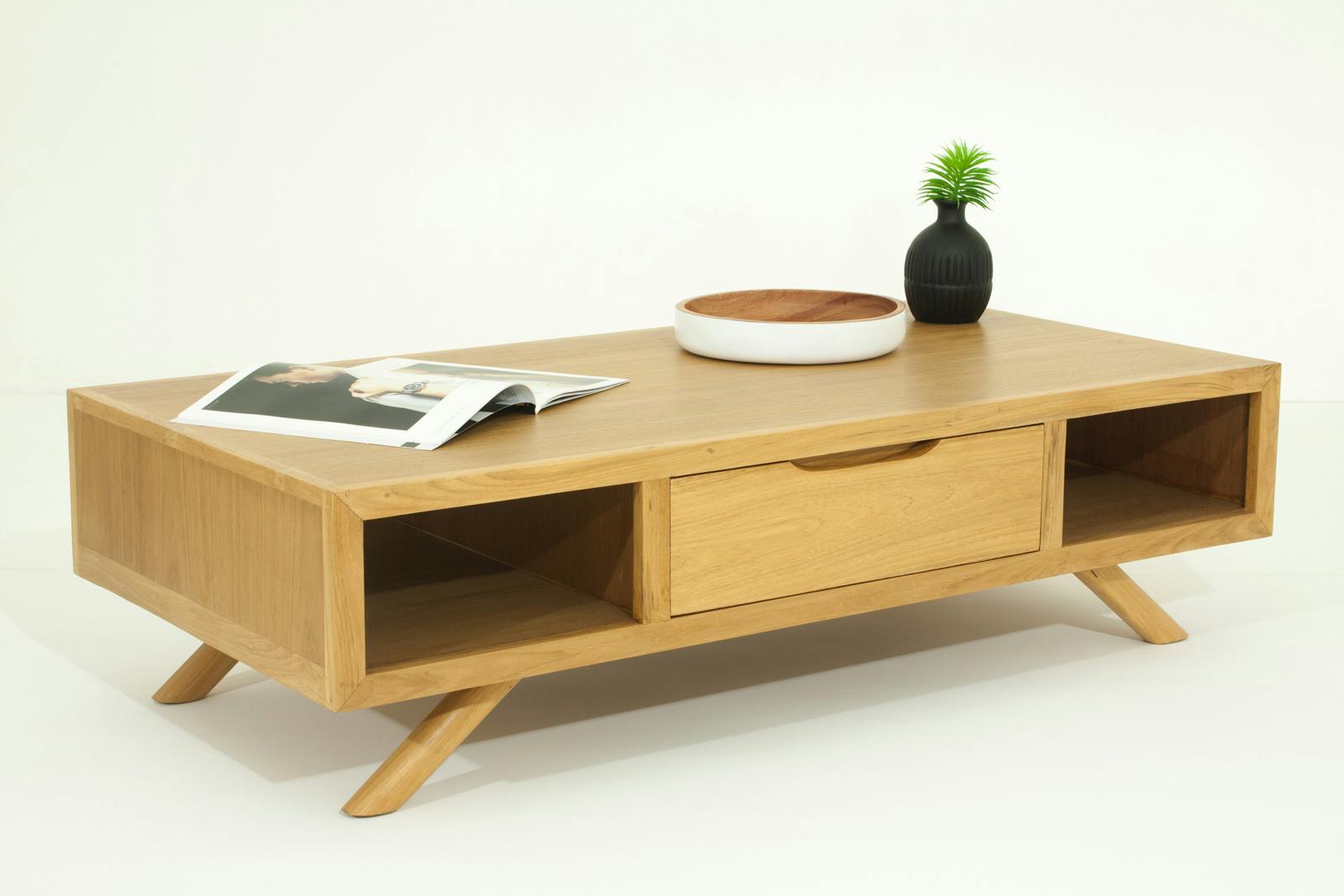 Table basse en Teck massif naturel 2 tiroirs et 2 niches traversantes 120x60x34cm FIFTEES