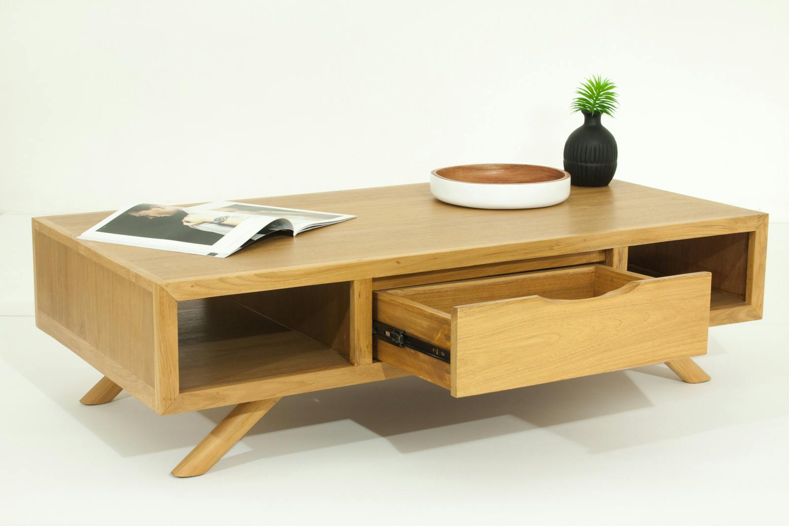 Table basse en Teck massif naturel 2 tiroirs et 2 niches traversantes 120x60x34cm FIFTEES