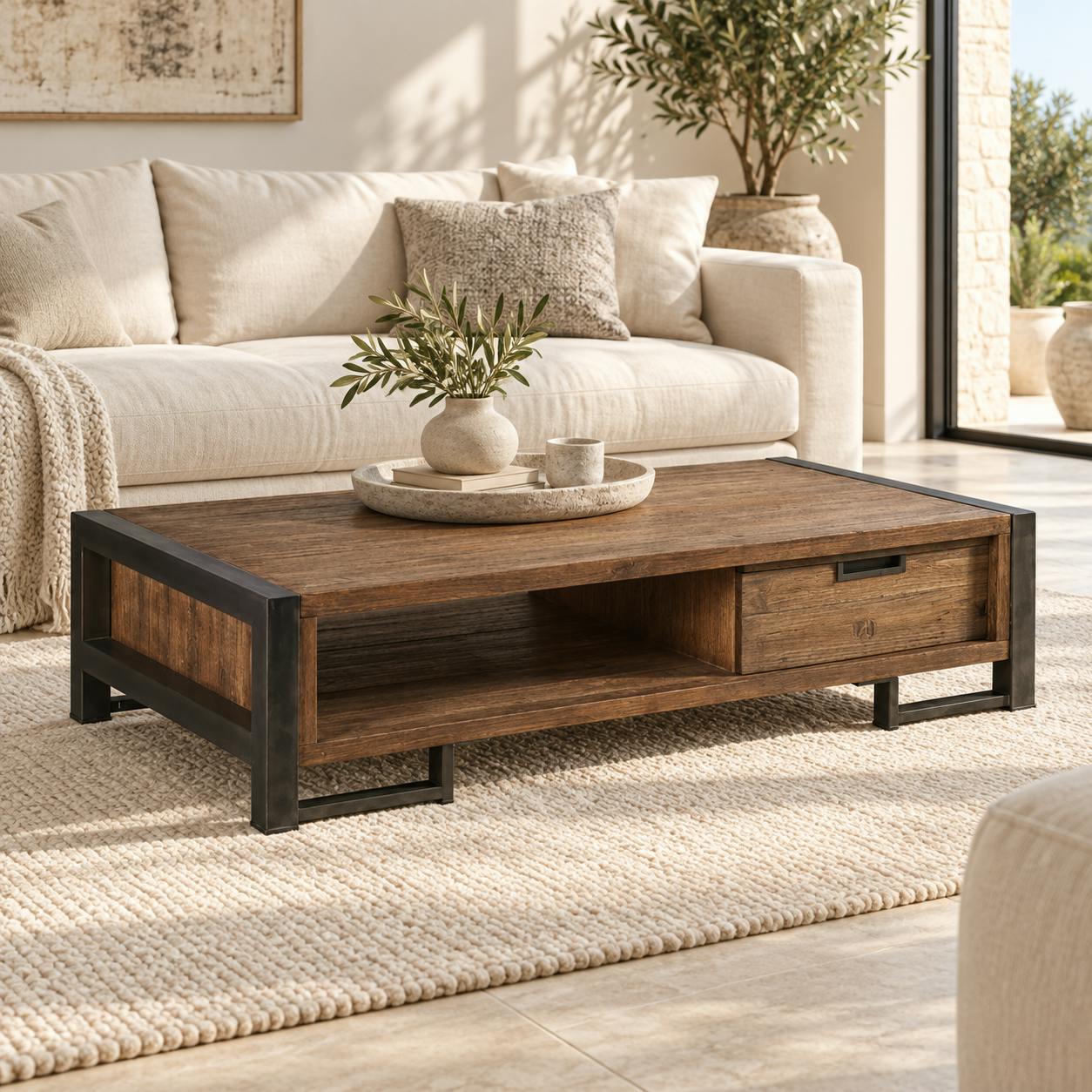 Table basse en bois et metal deux plateaux style industriel