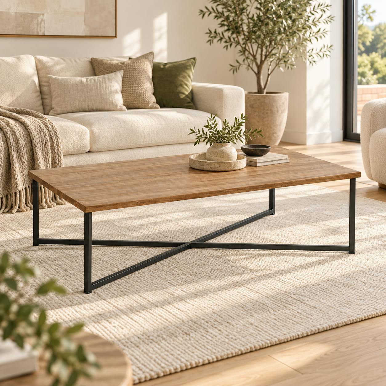Table basse rectangulaire en bois pieds metal de style contemporain